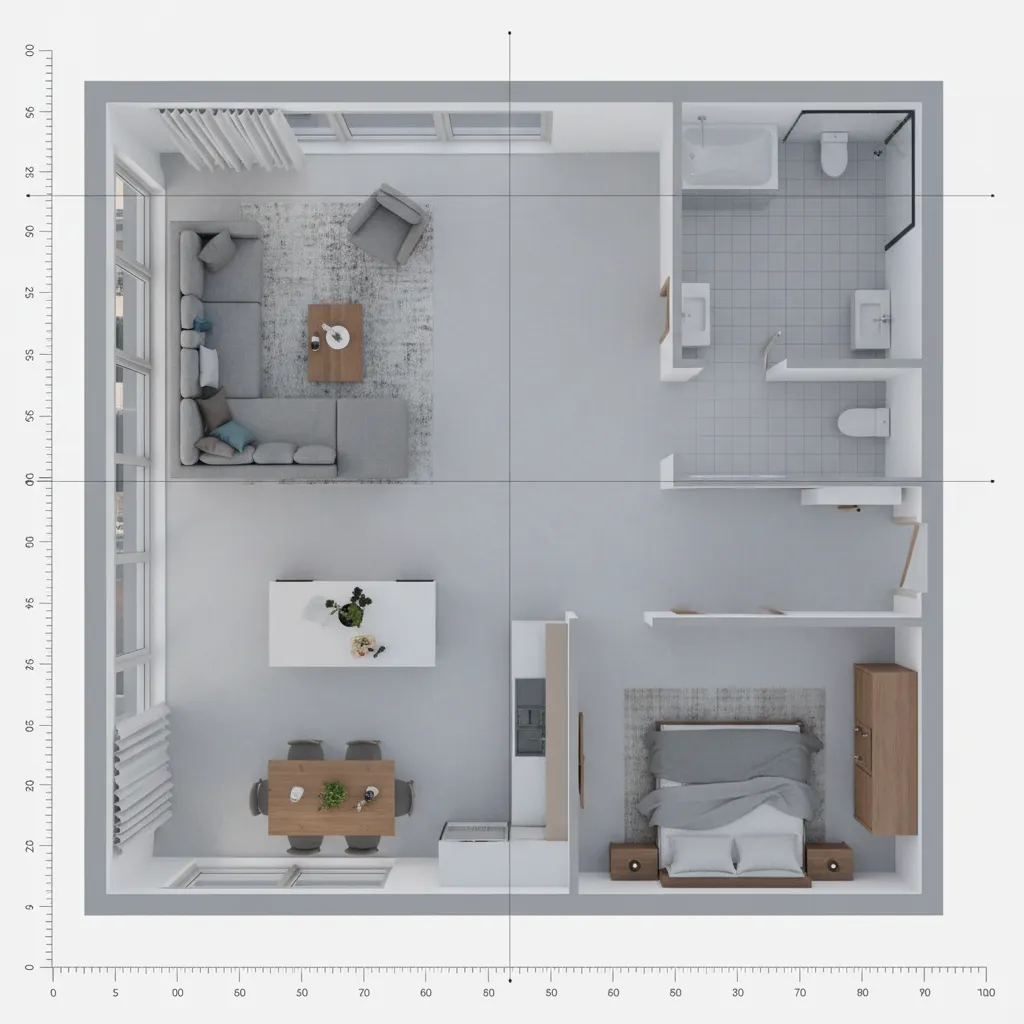 Diseño de distribución de muebles en plano digital de habitación