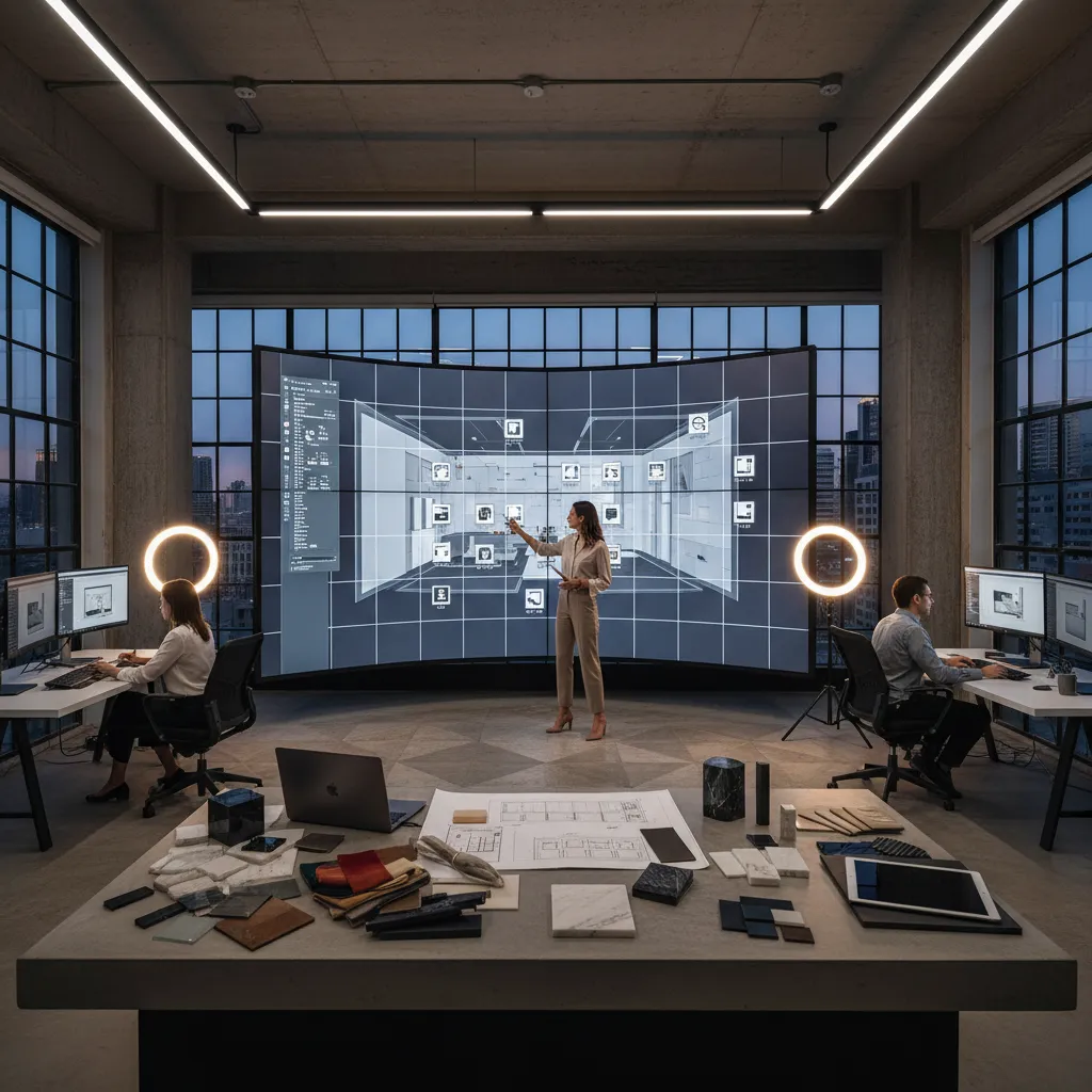 Modern interior design studio with designers looking at a large screen showing interior design drawing