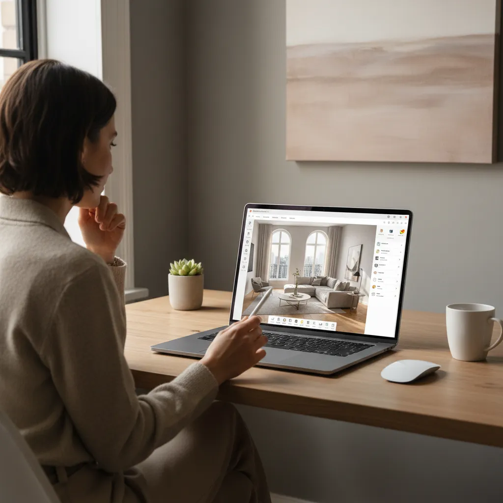 Persona probando distintas distribuciones de muebles en un plano digital