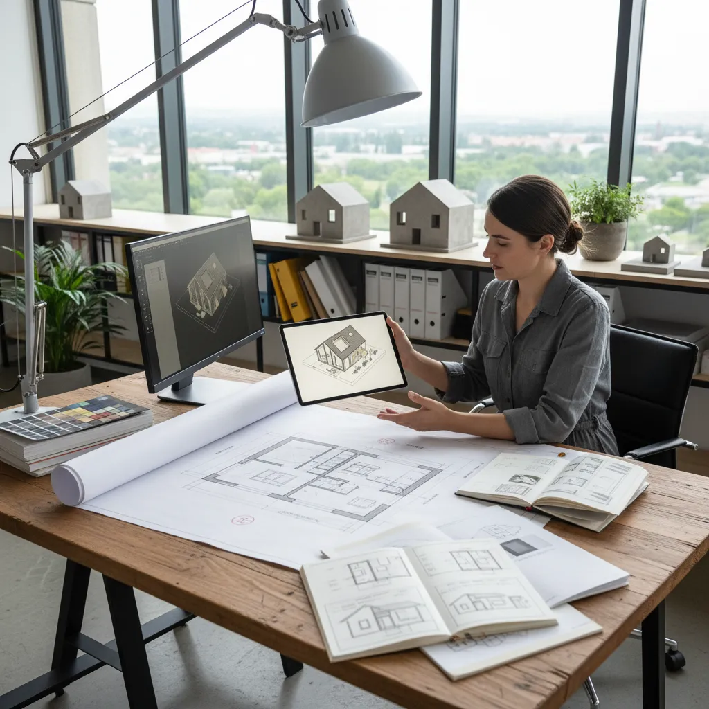 Professional designer using a tablet to show house sketches with paper floor plans on desk