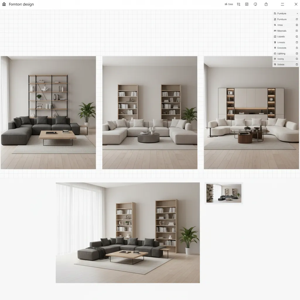 Diseño digital de sala de estar probando diferentes posiciones de sofá y mesa
