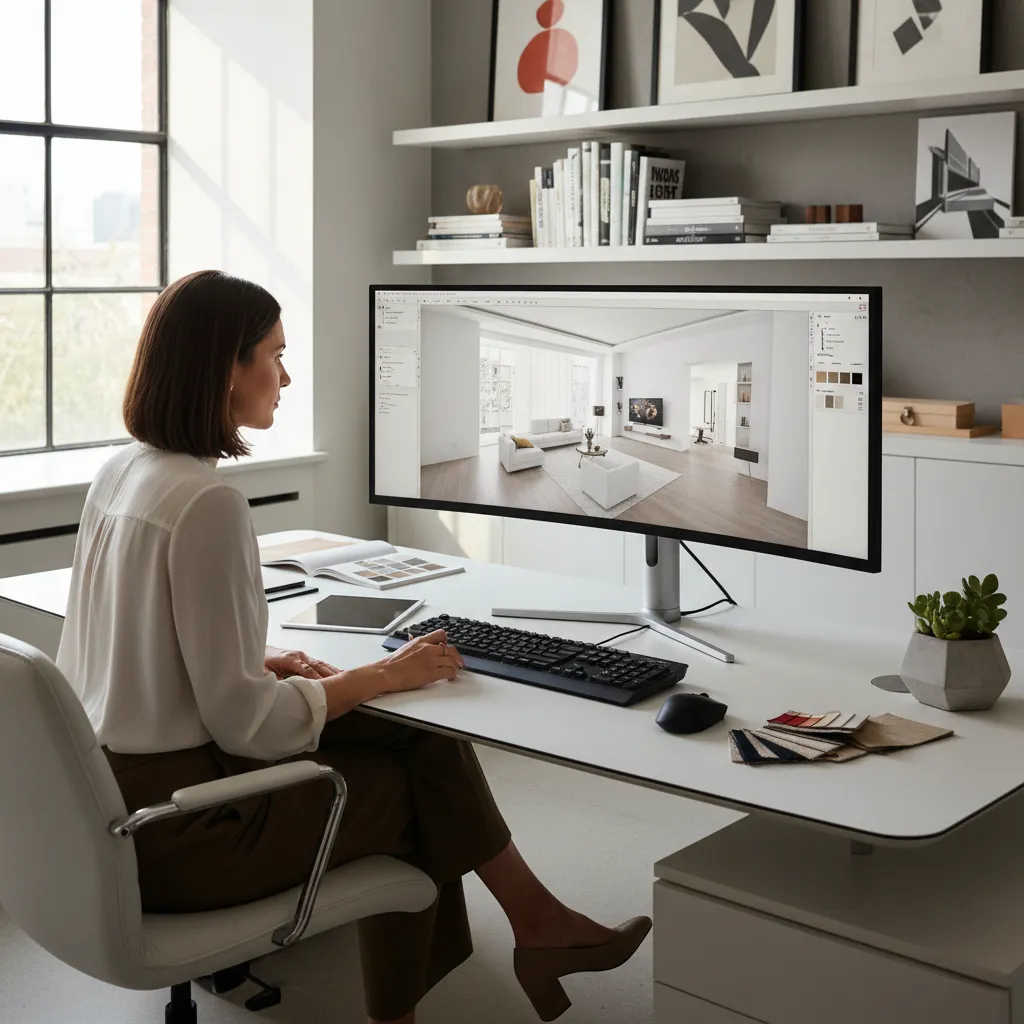 Woman sitting at desk using design software on wide monitor to plan modern room layout
