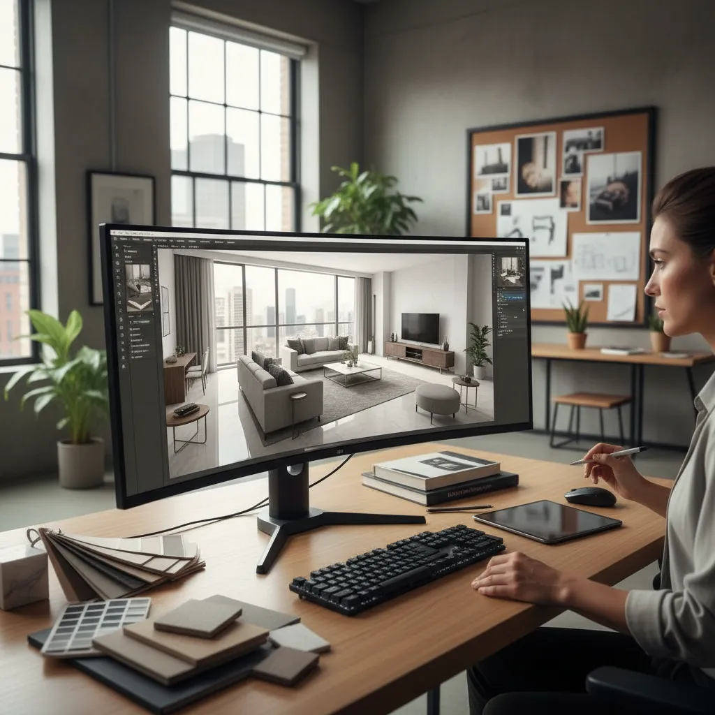 Diseñador planificando distribución de sala en software 3D