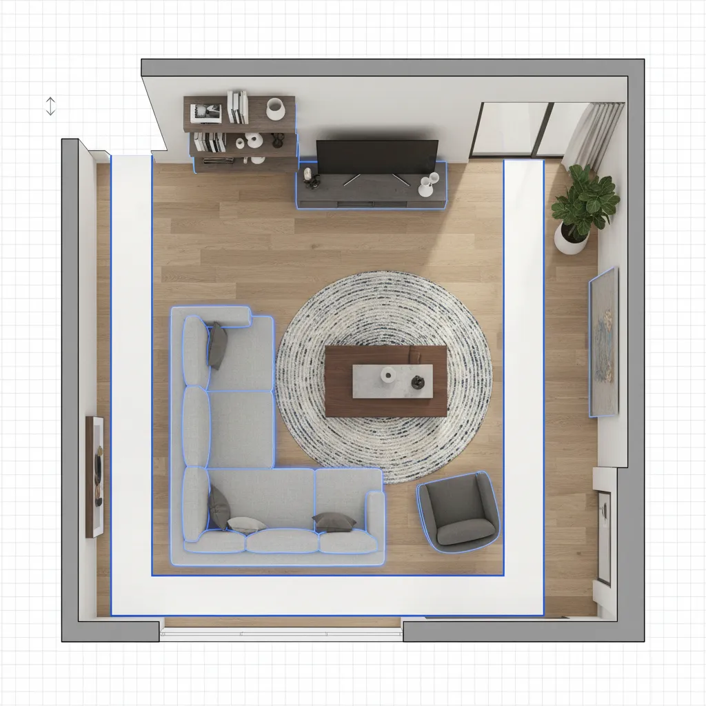 Top view living room layout with grey sofa round rug coffee table and wooden floor