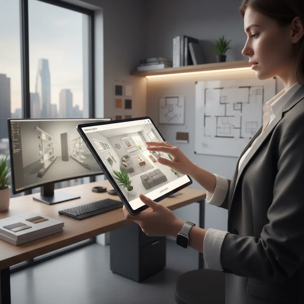 Woman using a tablet to view a 3D living room design in a modern office