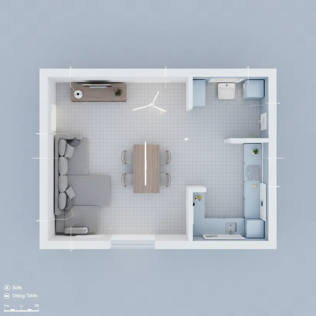 Top view room layout showing a studio apartment with sofa dining table kitchen and bathroom