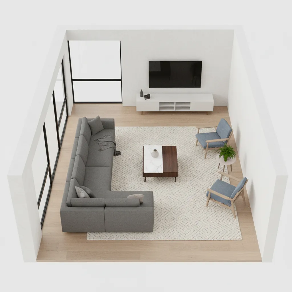 Planificación digital de distribución de muebles en una sala de estar