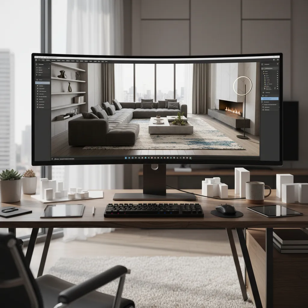 Interior design drawing showing modern living room with grey sofa and fireplace on curved monitor
