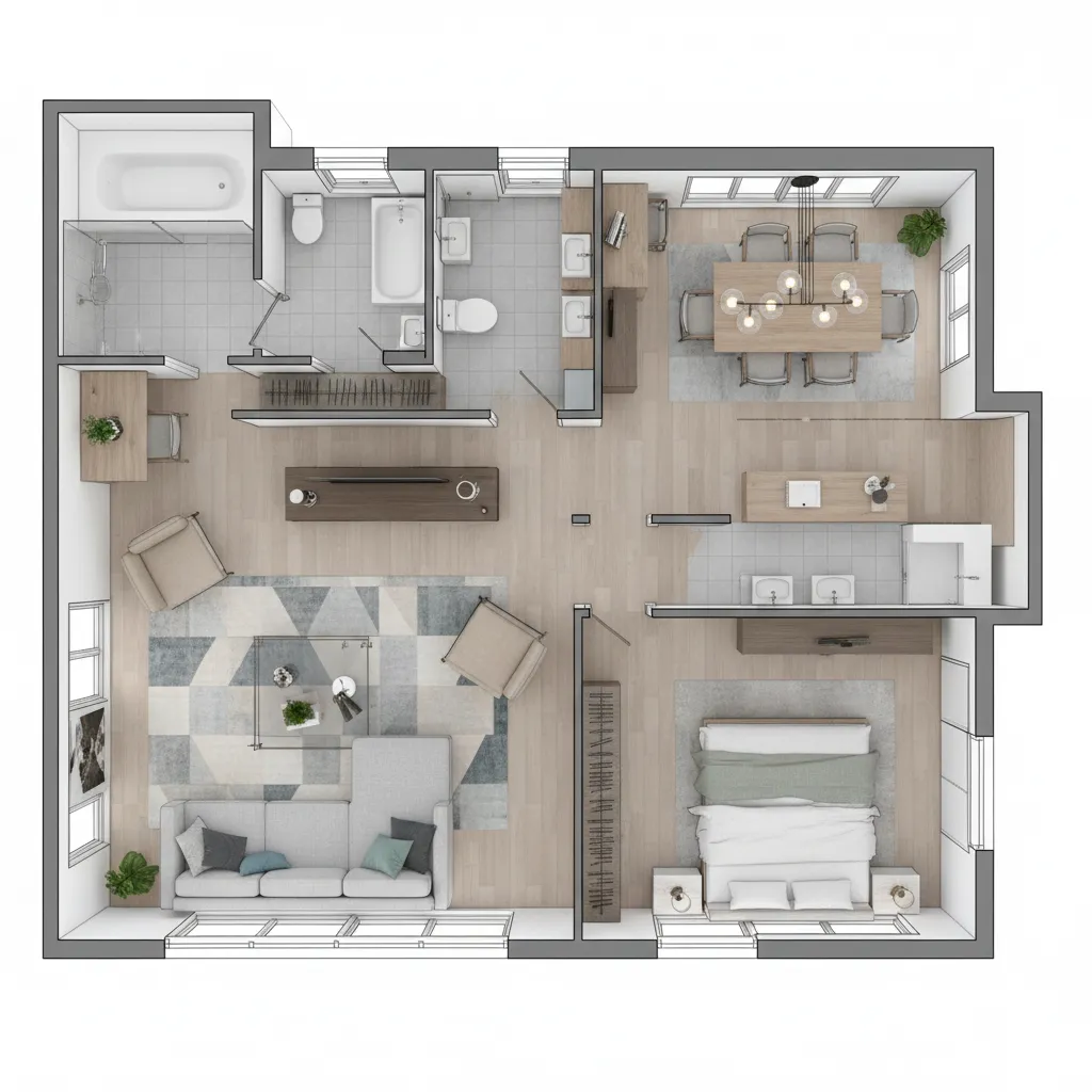 Top down interior design drawing of furnished apartment with bedroom bathroom kitchen and wooden floors