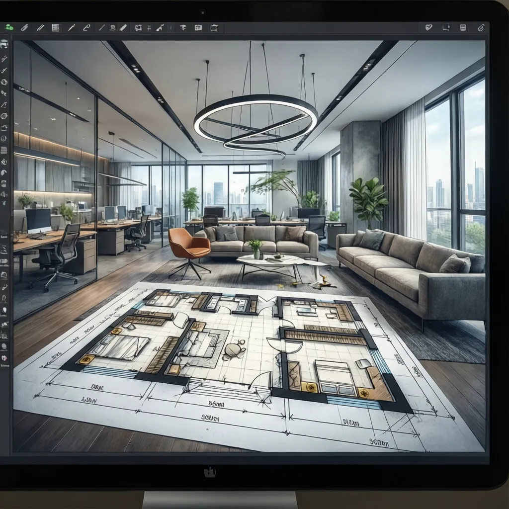 Diseñador planificando la distribución de una habitación en plano digital