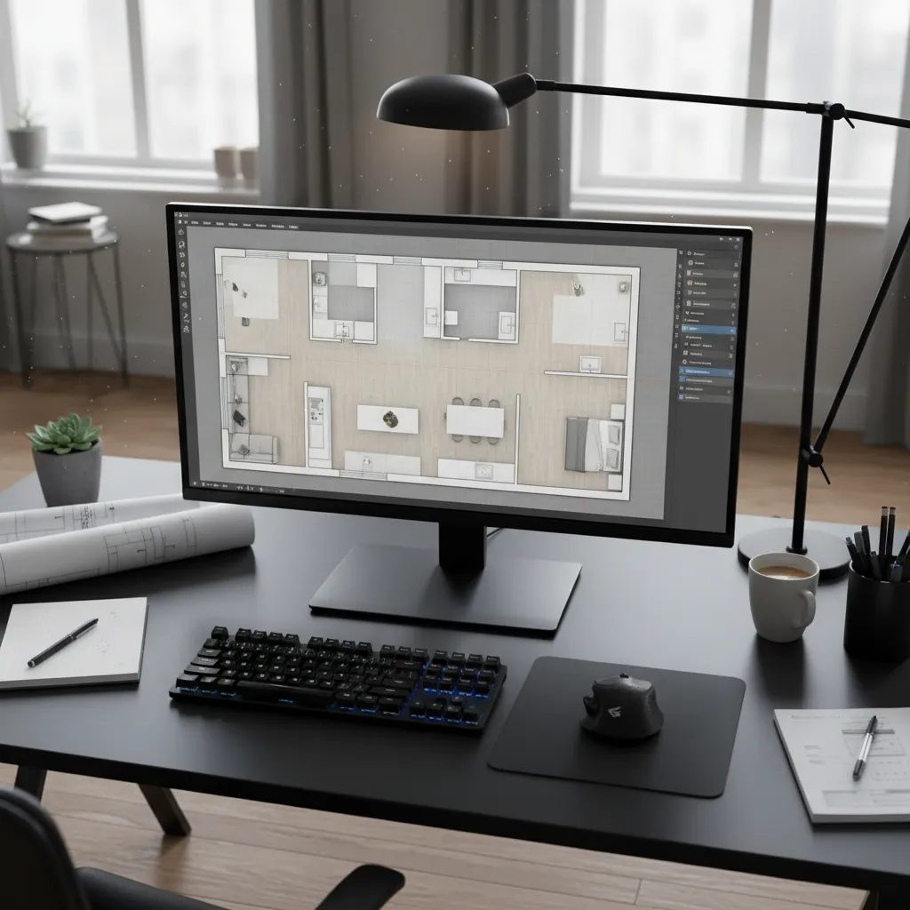 Coohom floor plan editor showing a house room layout on screen with keyboard and mouse