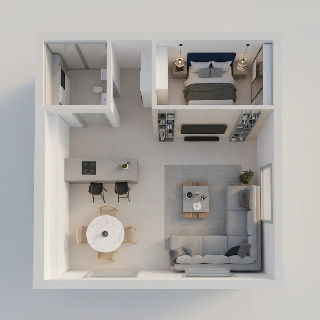 Plano 3D de distribución de muebles en una habitación