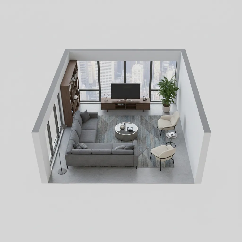 Planificación de distribución de muebles en un plano 3D de salón