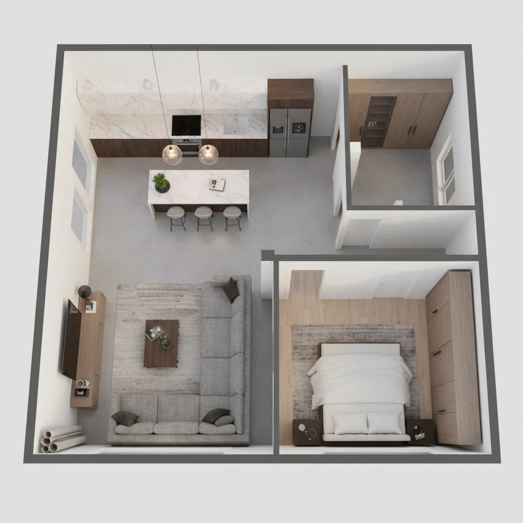 Plano 3D de una vivienda con distribución de muebles en diseño digital