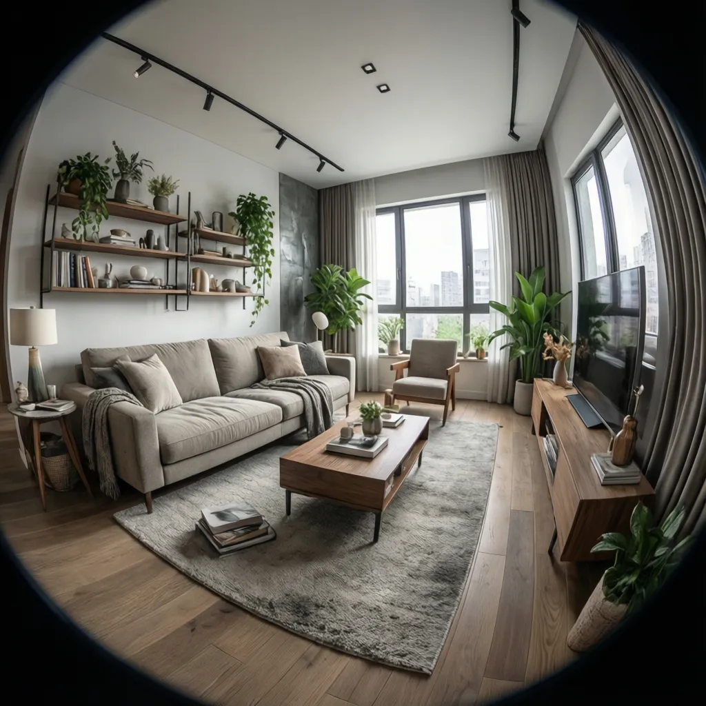 Vista 3D de salón diseñado digitalmente con sofá mesa y decoración