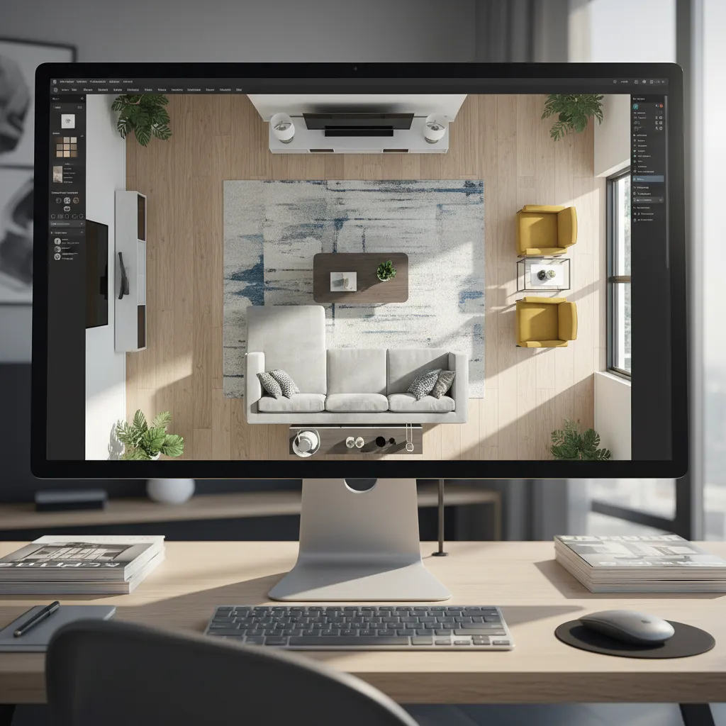 Plano digital de una habitación con muebles organizados en una aplicación de diseño