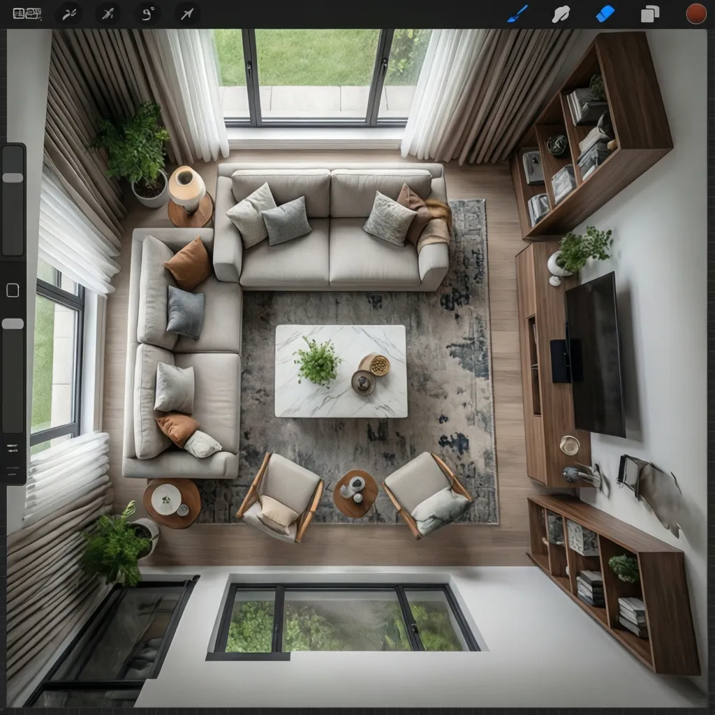 Top down floor plan editor showing sofa chairs and wood cabinets on a grey rug