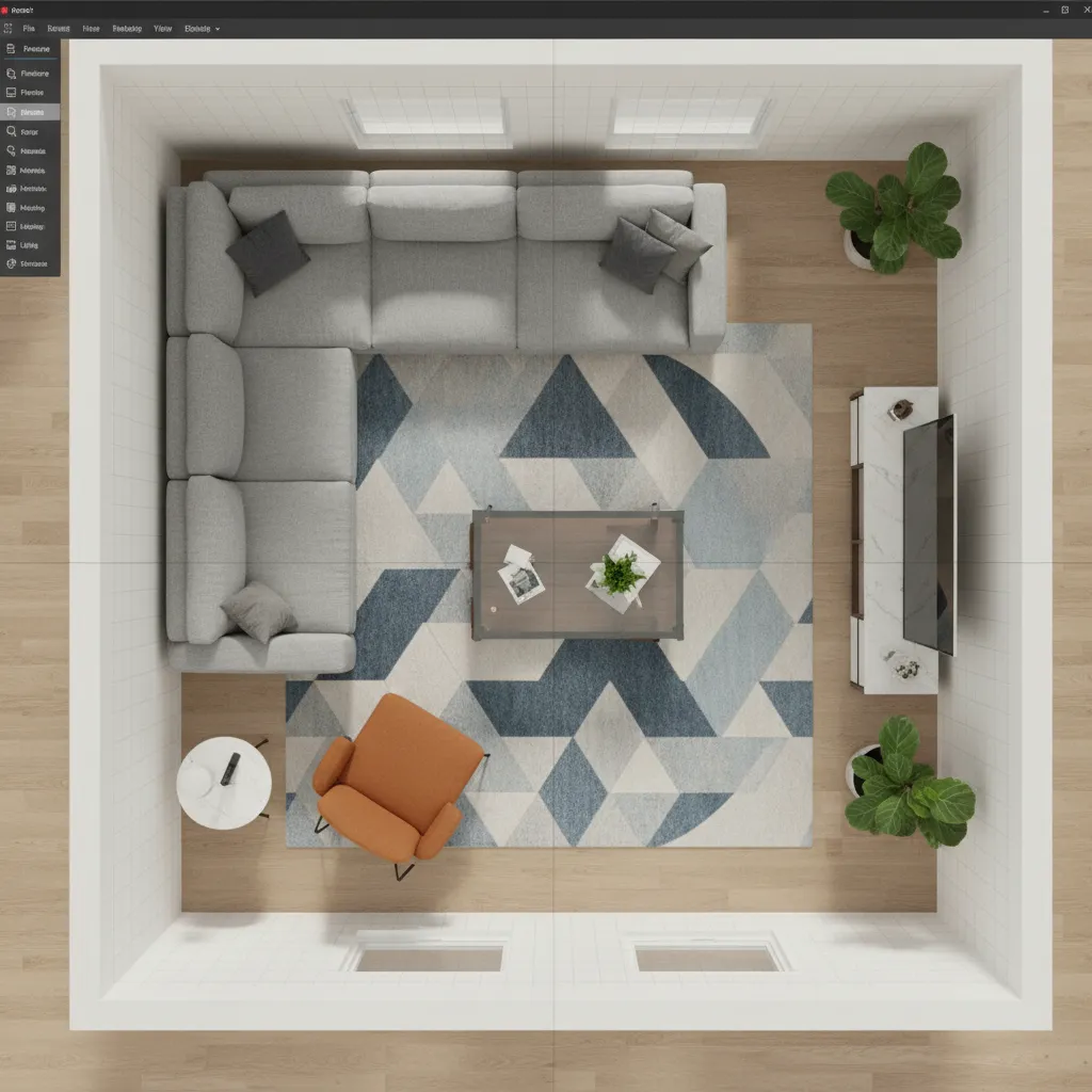 Top view of room layout design showing grey sofa orange chair and blue pattern rug