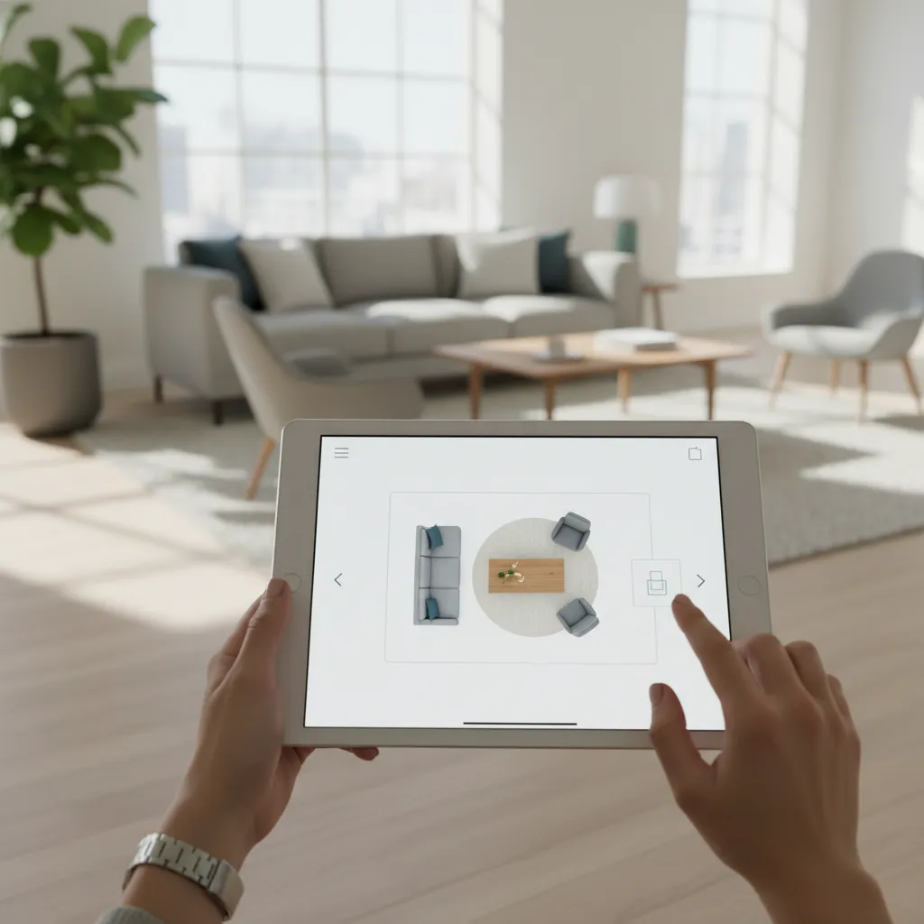 digital tablet showing a room layout planning interface with furniture blocks