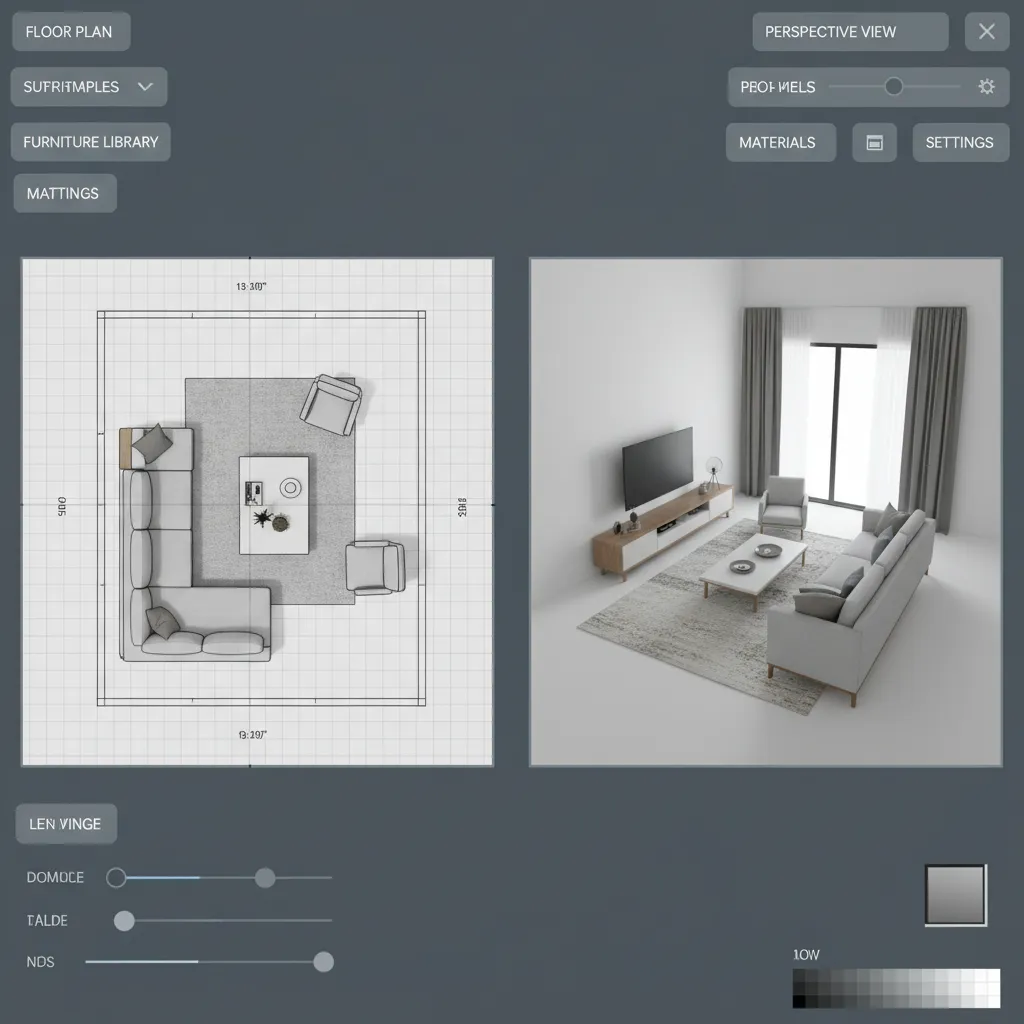 3D room layout planning interface showing furniture placement in a living room