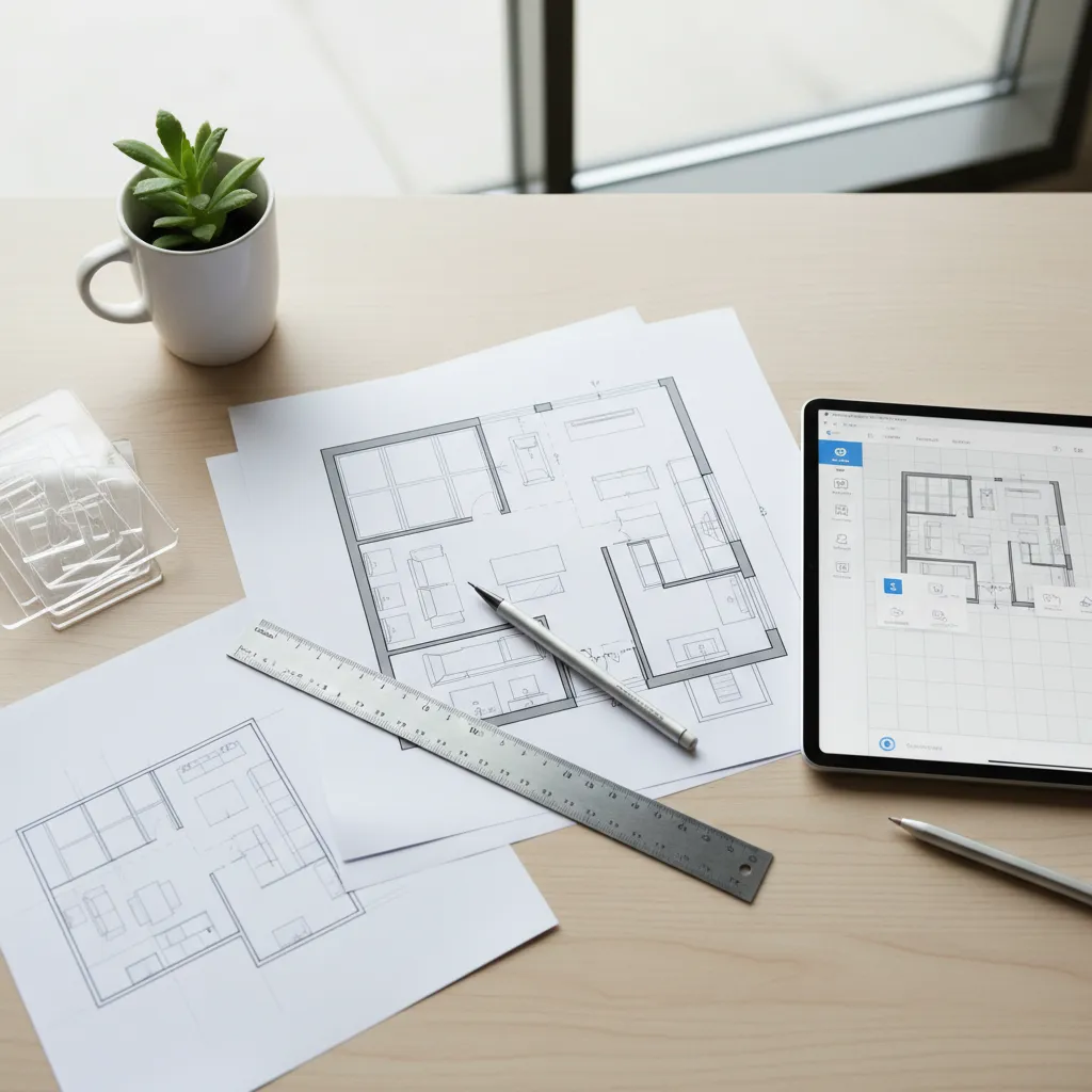 Interior designer planning a living room layout with a floor plan and furniture arrangement