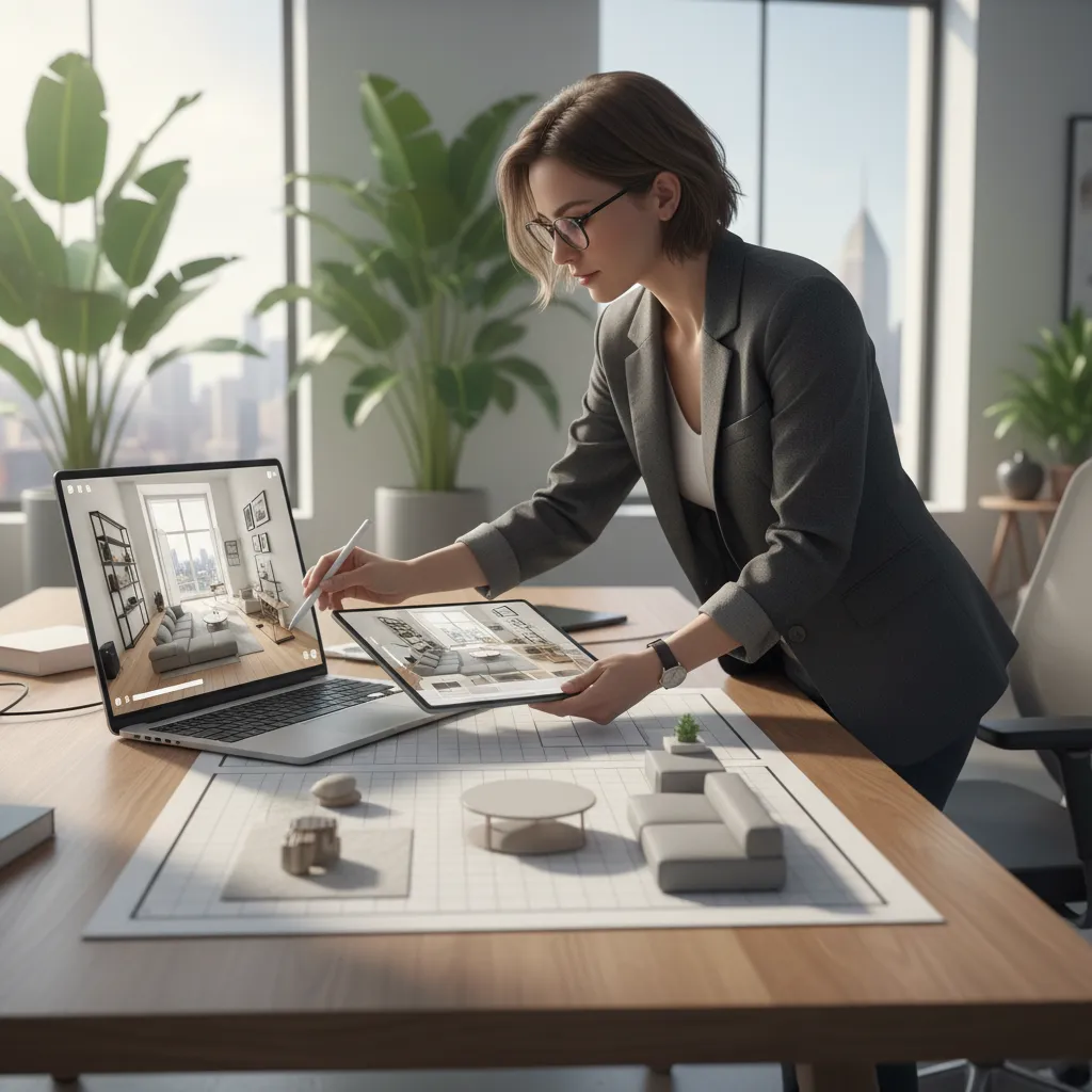 Diseñador probando diferentes distribuciones de muebles en un plano digital