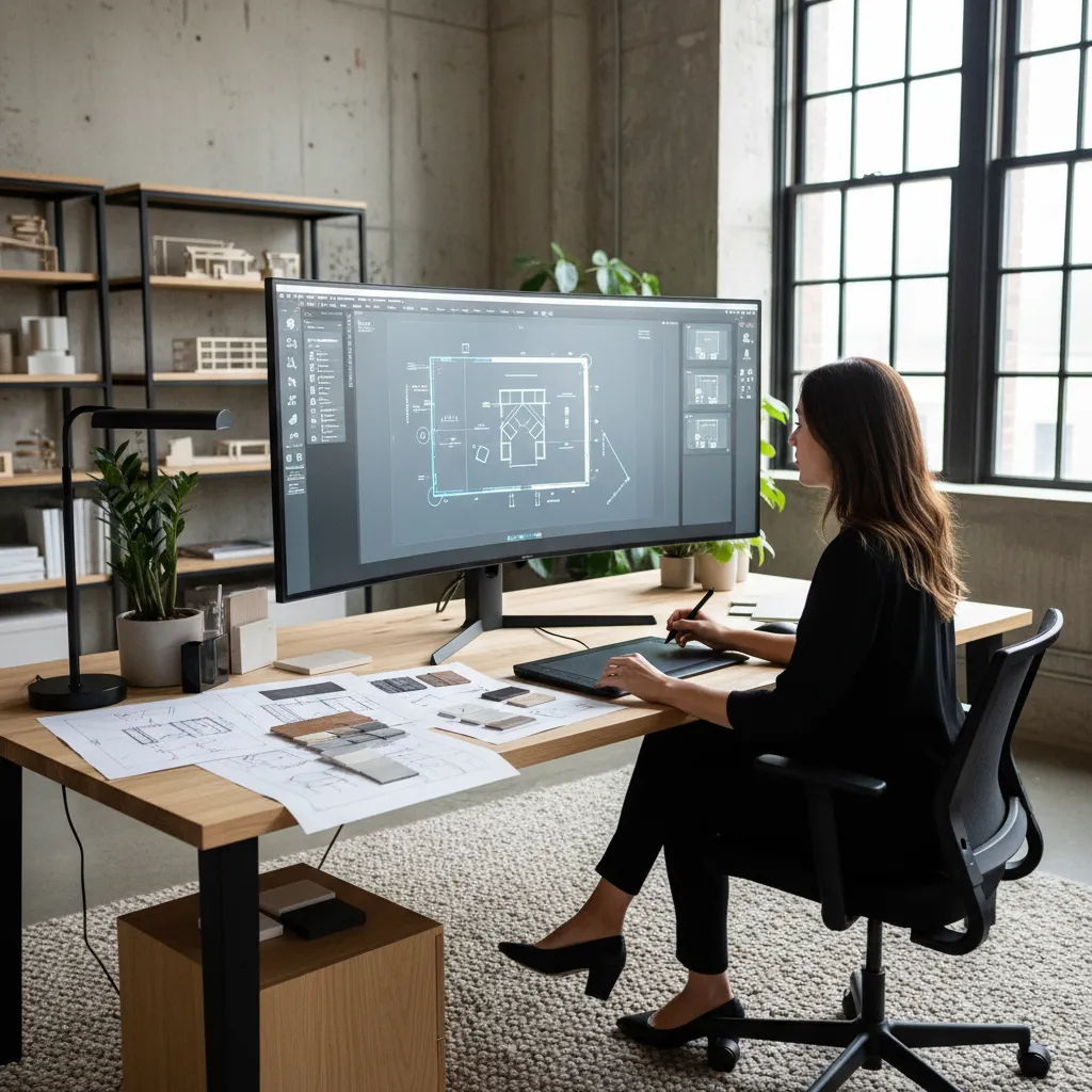 Diseñador trabajando en la distribución de una habitación con plano digital