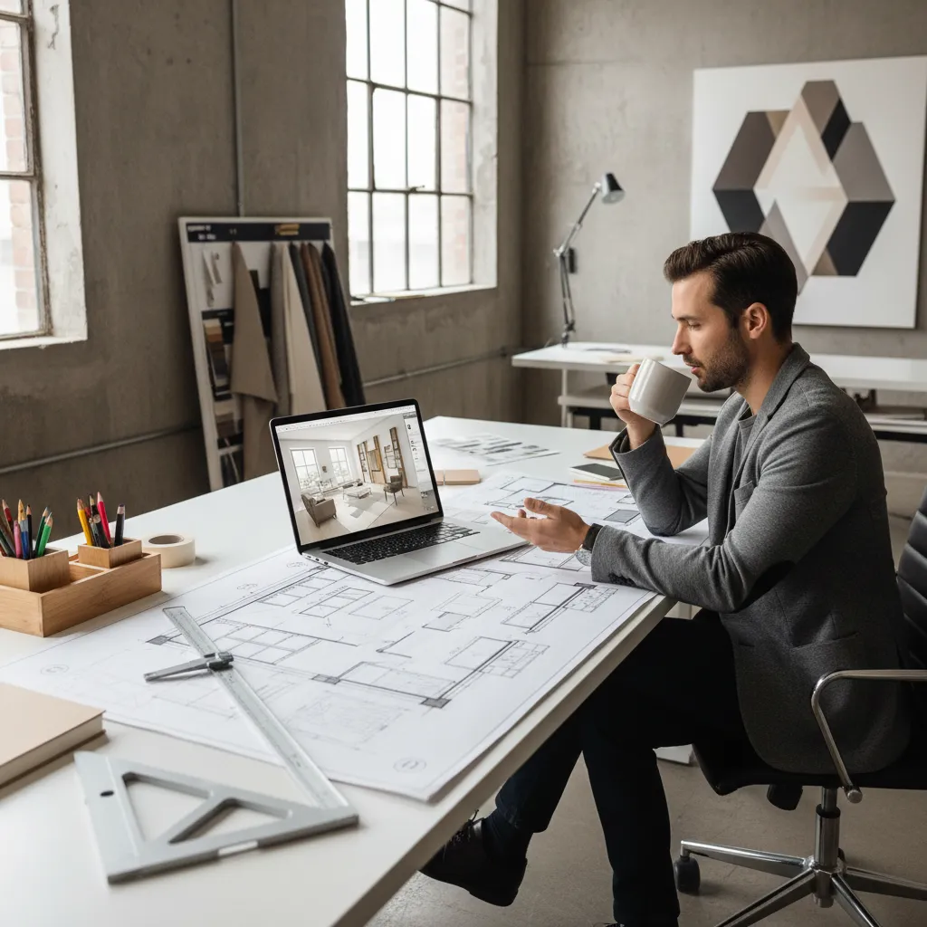 Man drinking coffee at desk while looking at a laptop showing a room layout plan