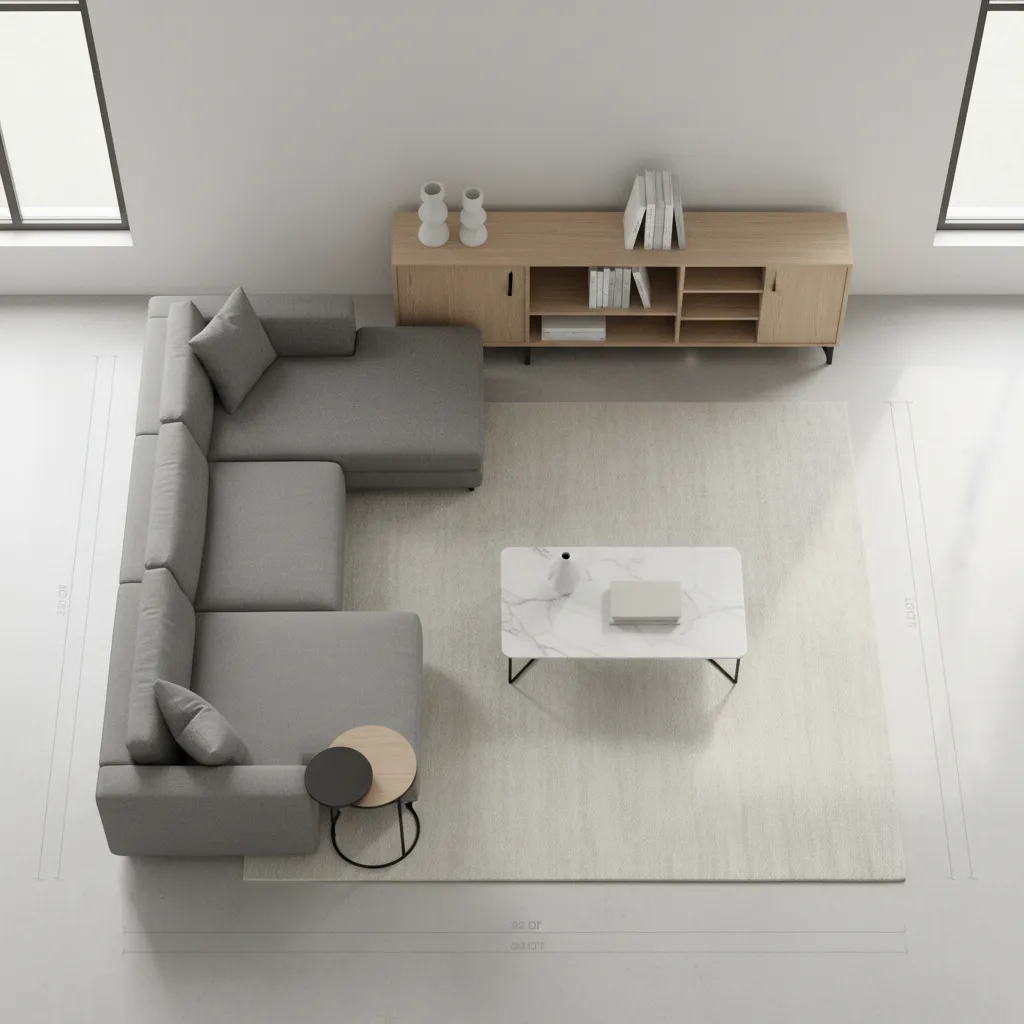 3D room layout planning visualization showing furniture arrangement and spatial zones