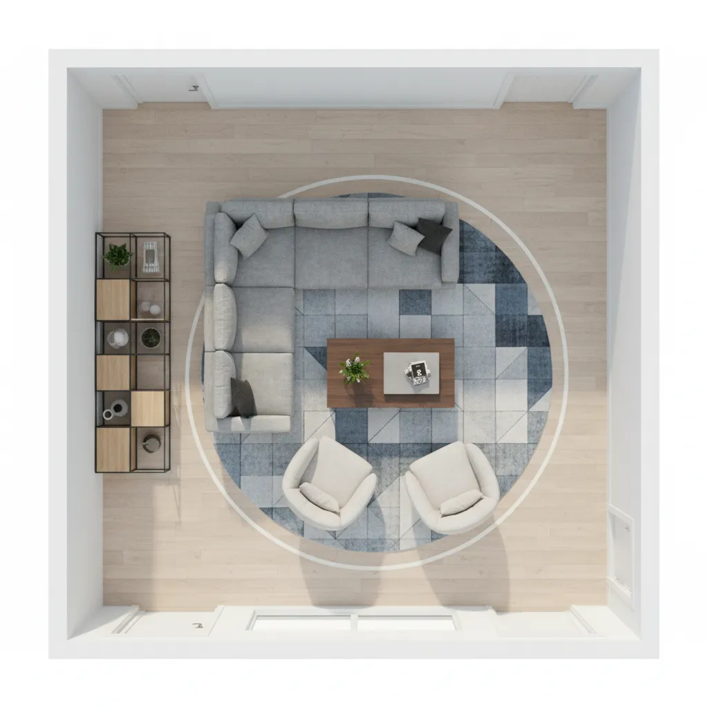 3d room layout plan showing furniture spacing and circulation paths