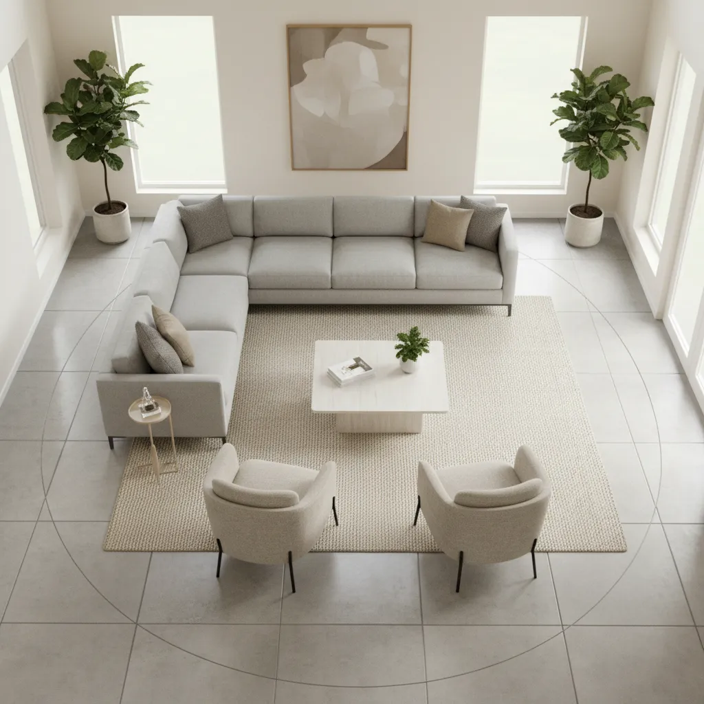 Living room layout planning showing furniture placement zones