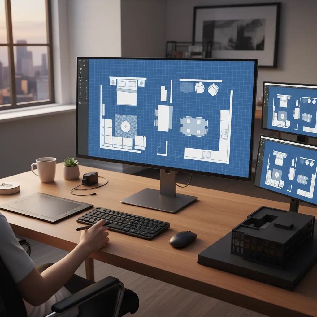 Designer using computer monitors to create digital blue room layout plans on a wooden desk