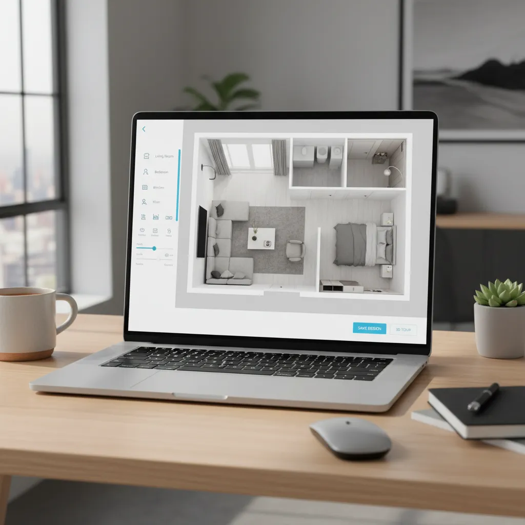 Laptop on a wooden desk displaying a digital room layout design with a small plant