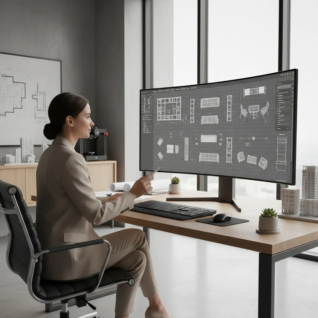 Digital room layout planning process with furniture arrangement on screen and designer reviewing layout