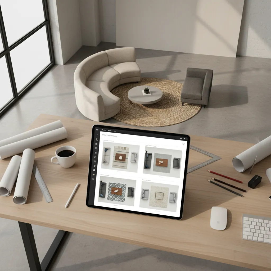 Plano digital de una sala con diferentes distribuciones de muebles