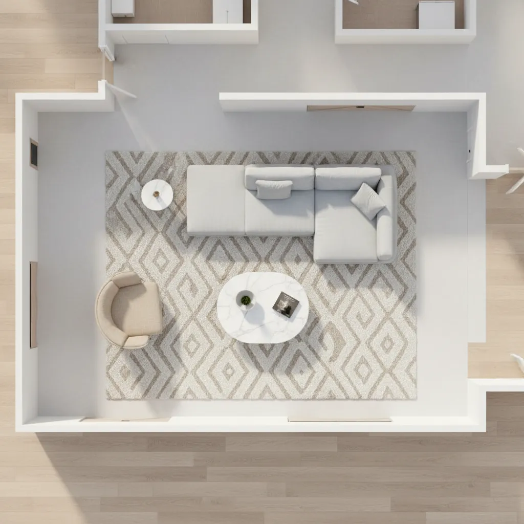 digital room layout planning with furniture arrangement in a living room floor plan
