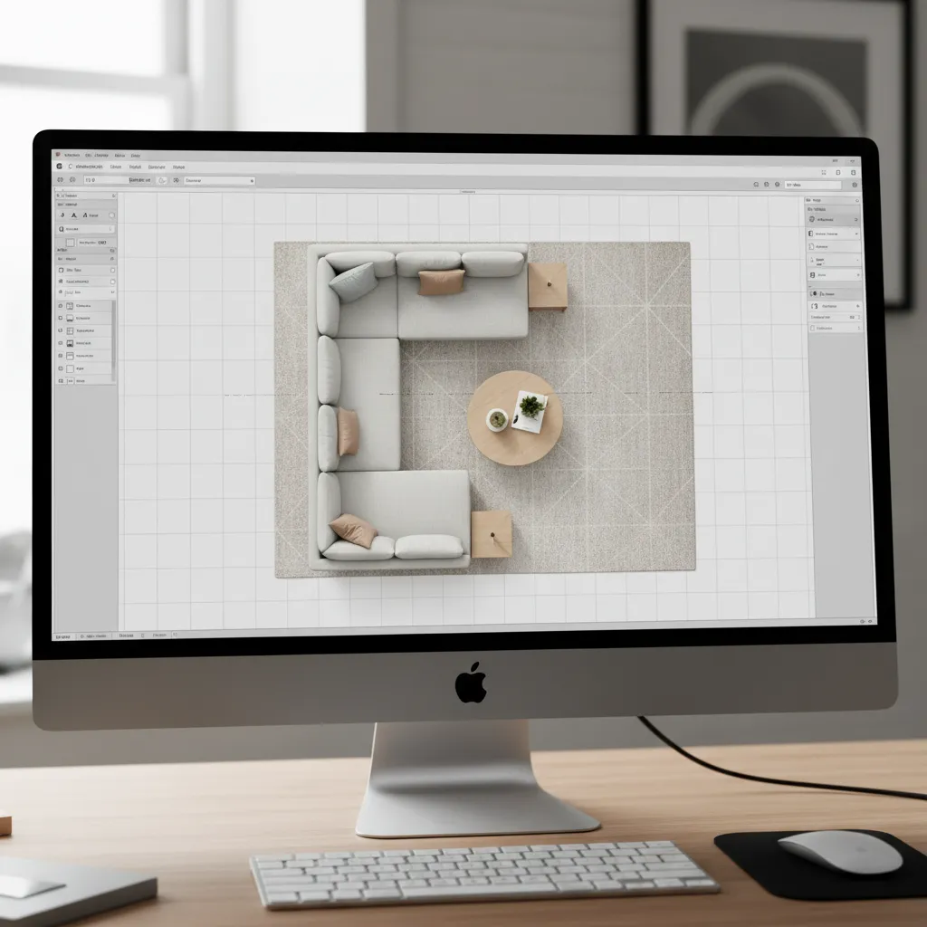 Example of a digital living room layout plan with furniture placement