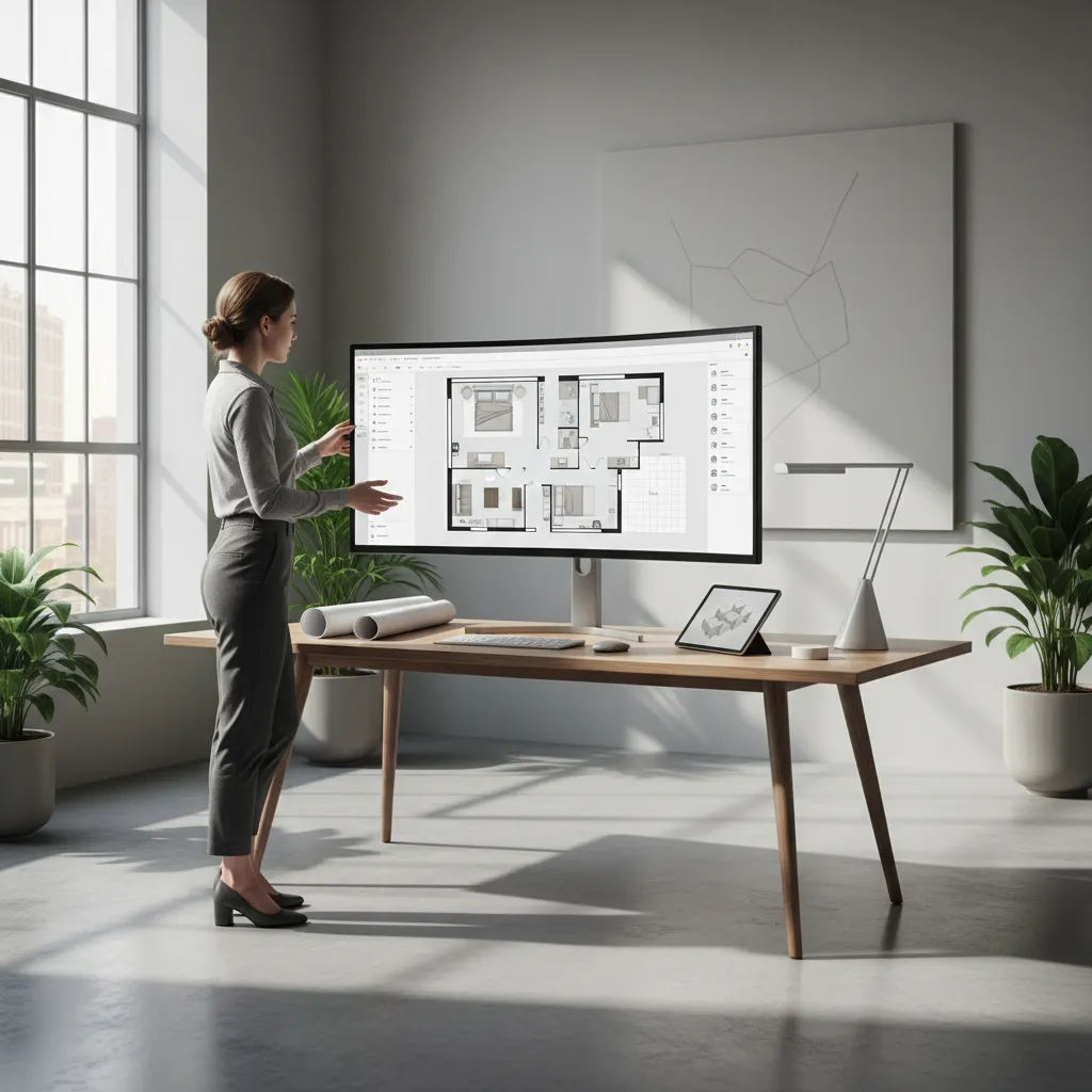 designer working on room layout planning with digital floor plan and furniture arrangement