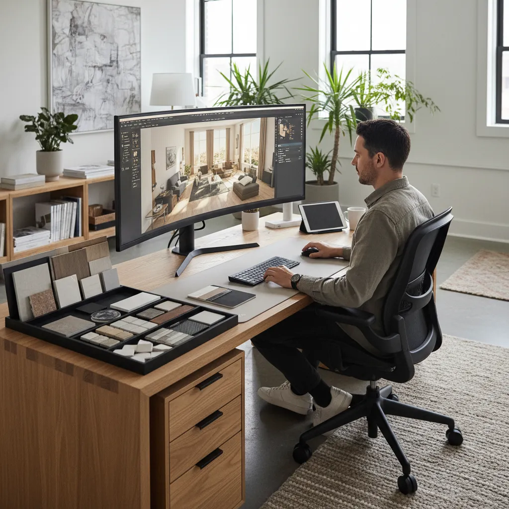 Designer using computer software to create a room layout at wooden desk with material samples