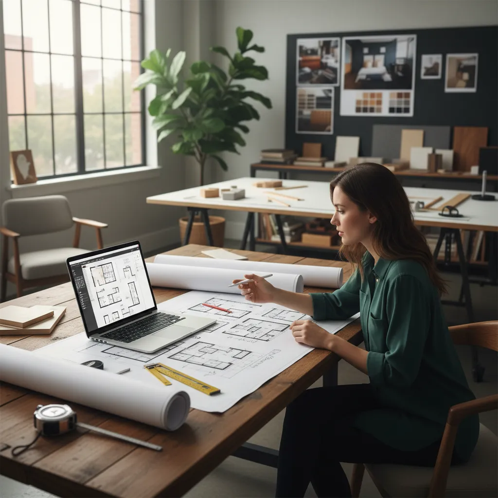 Proceso de planificación de distribución de una habitación con plano y laptop
