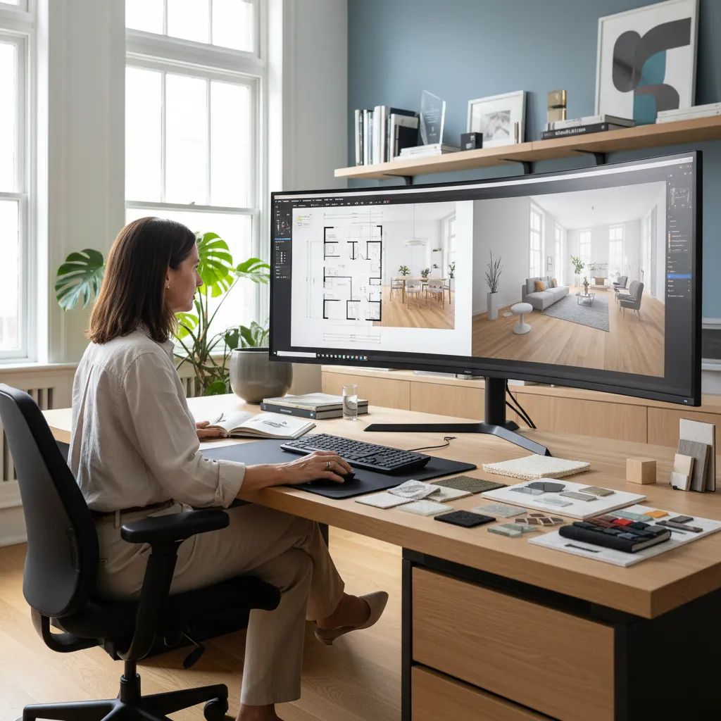 Diseñador planificando la distribución de una habitación en pantalla