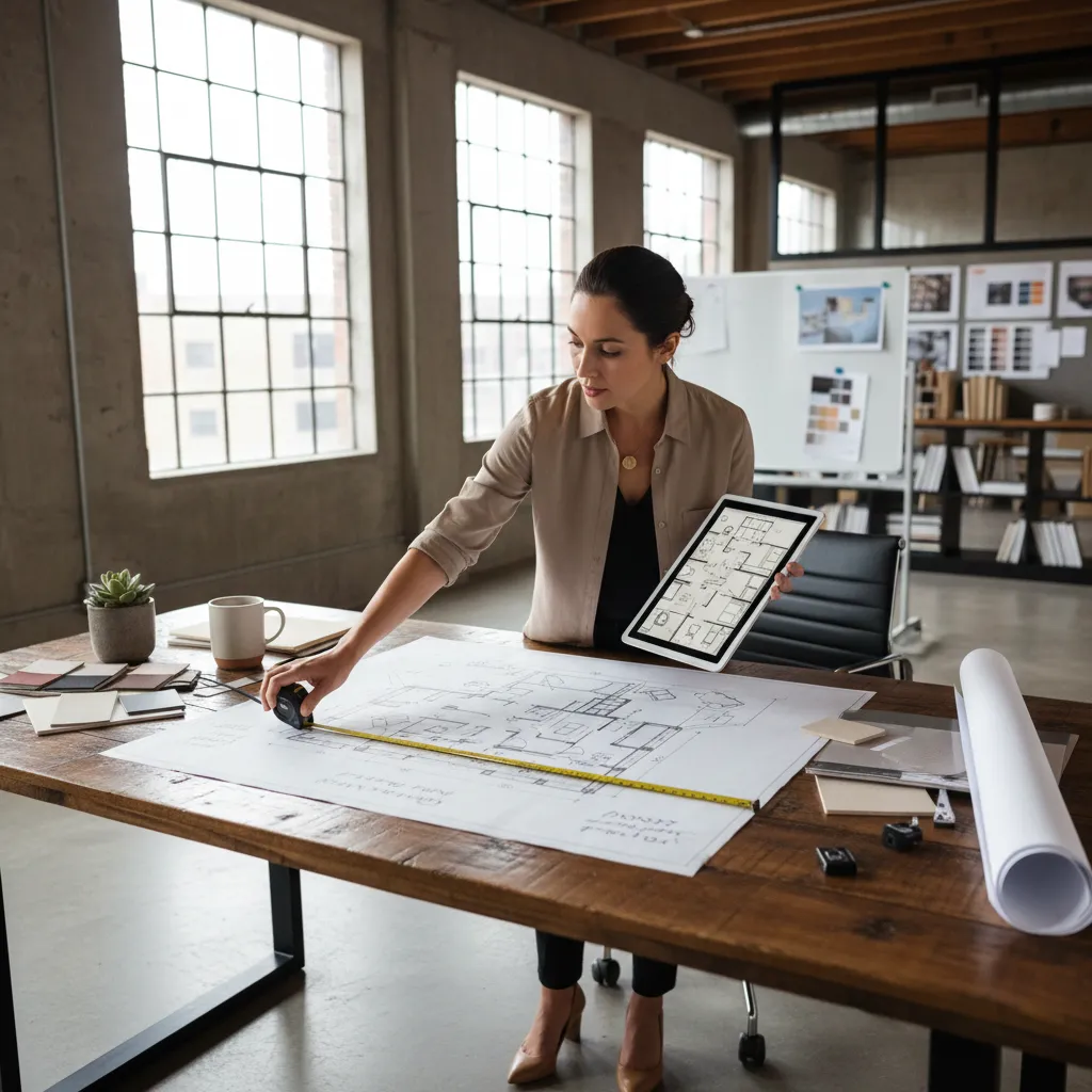 designer planning furniture layout on digital floor plan with tablet and measurements
