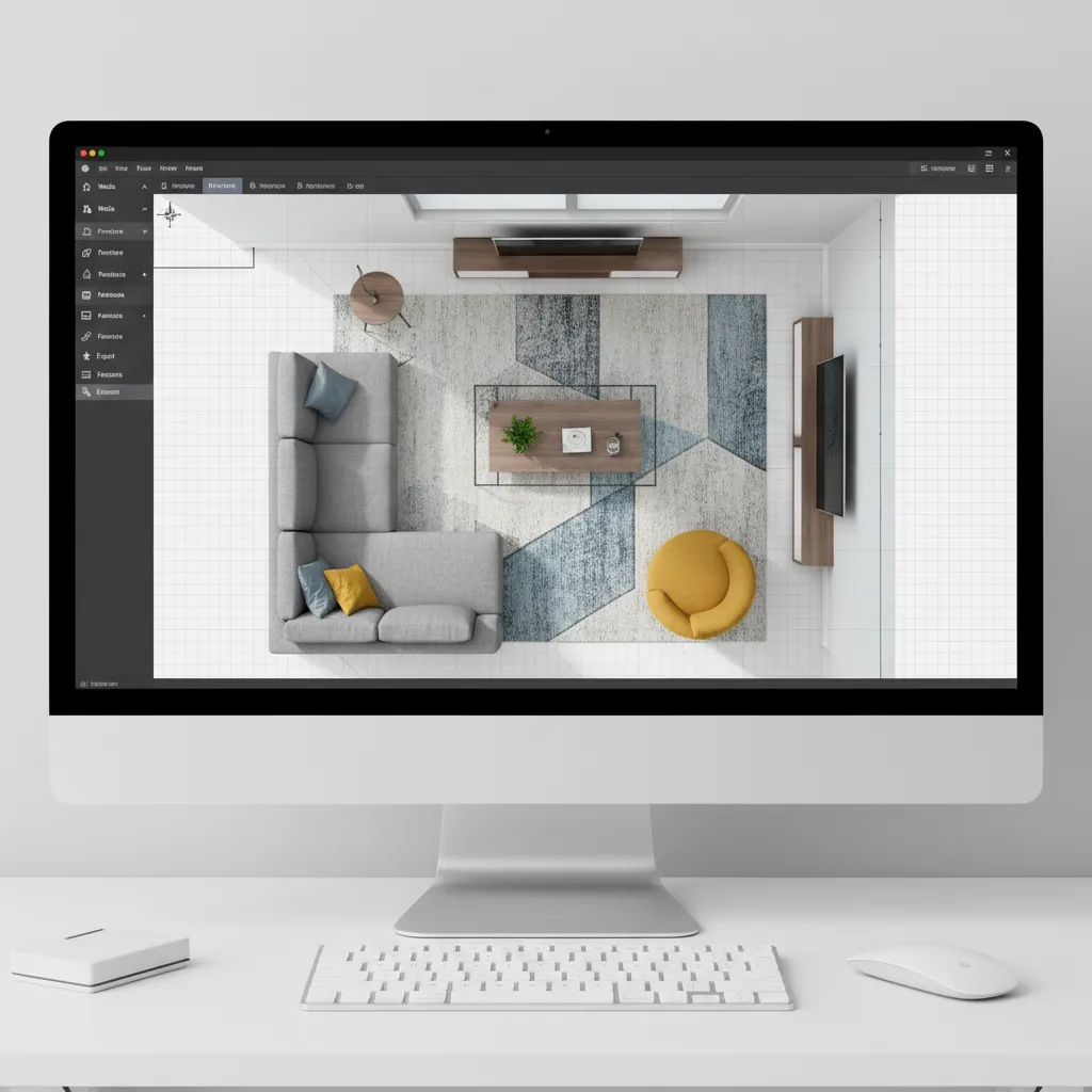 Interfaz de software de planificación de habitaciones mostrando plano y muebles