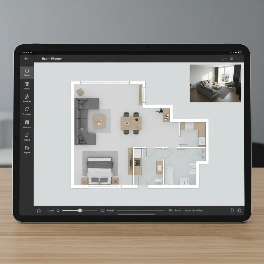 Planificador digital de habitaciones mostrando muebles y distribución