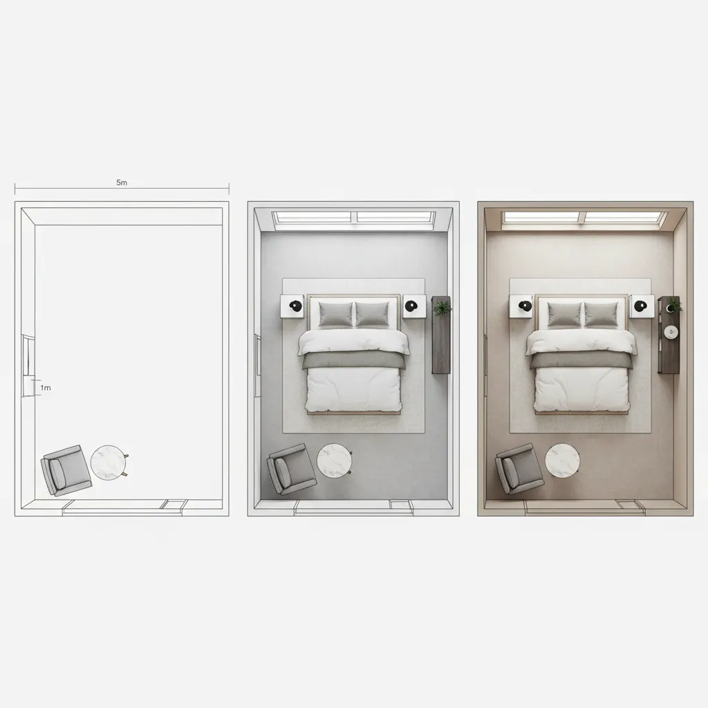 Step by step room layout planning process with floor plan and furniture arrangement