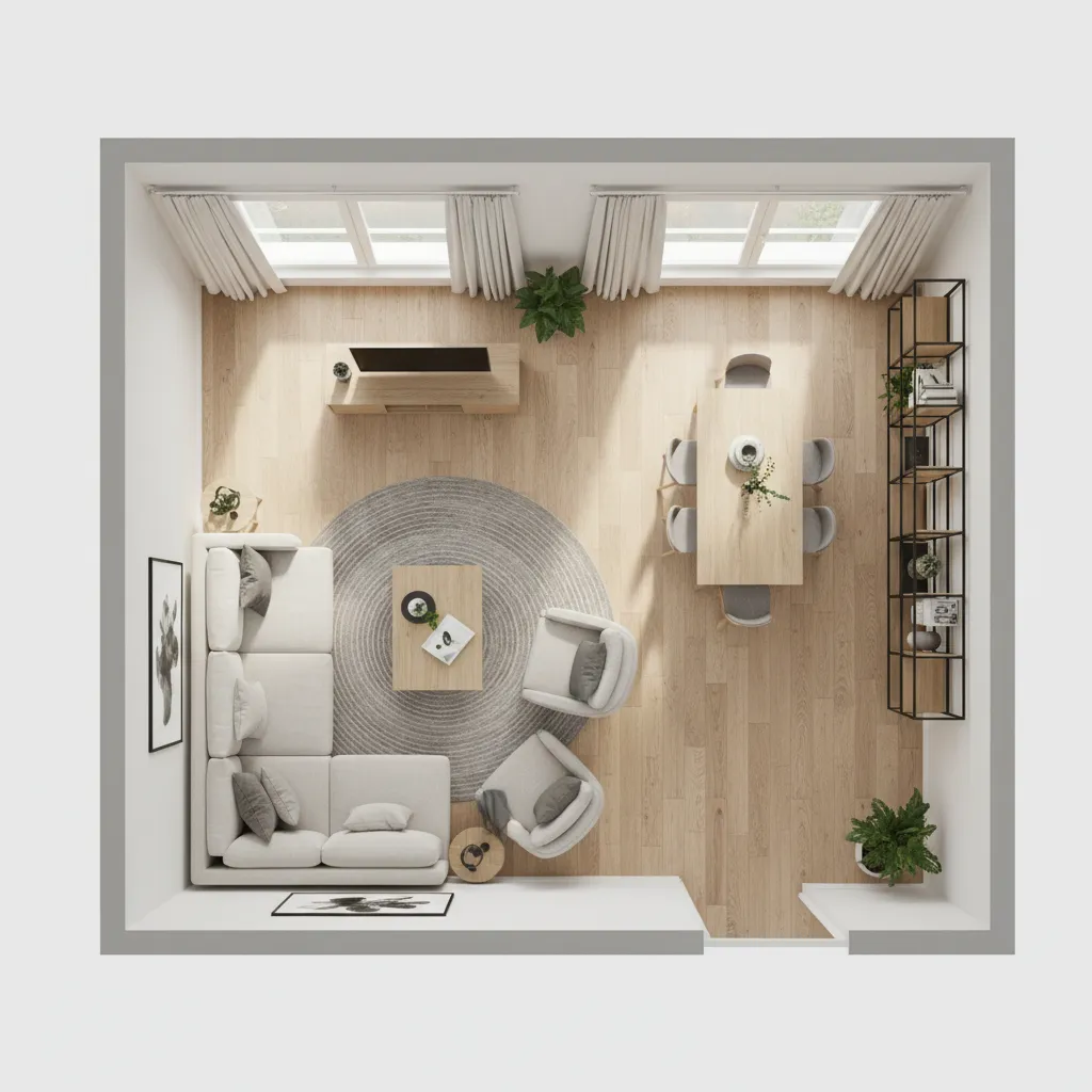 Top view room layout with furniture placement used for interior design planning
