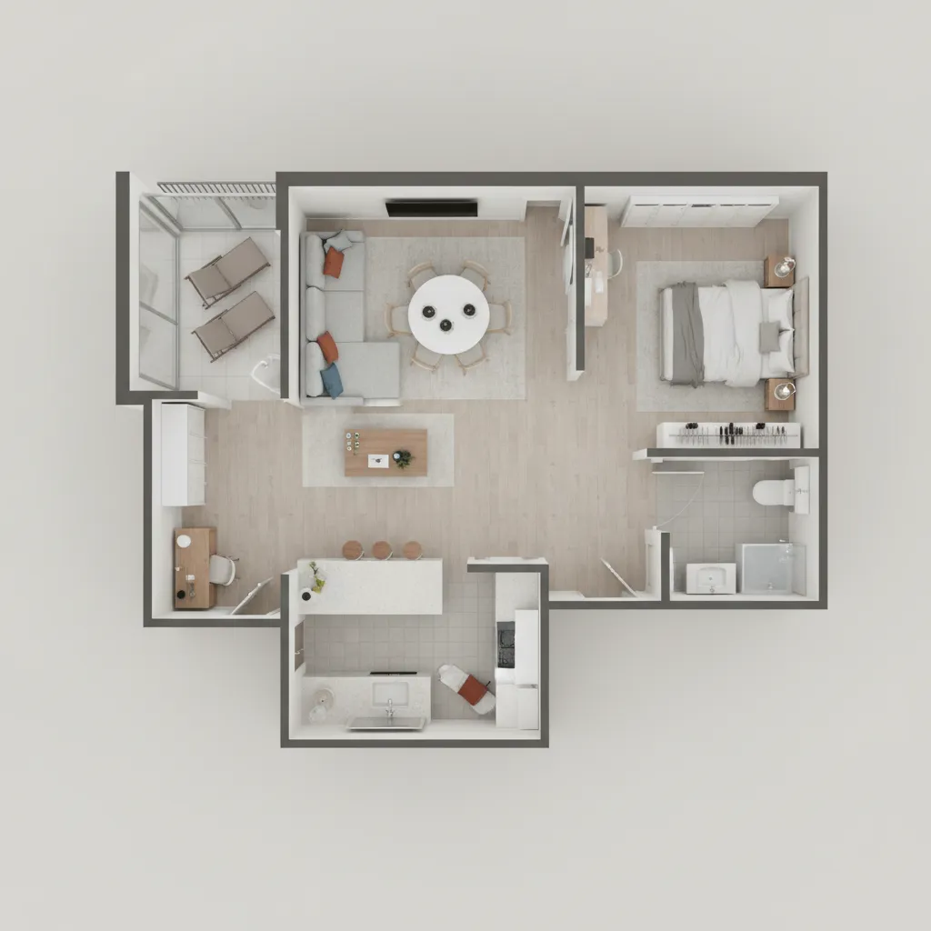 top view apartment floor plan showing furniture layout and circulation paths