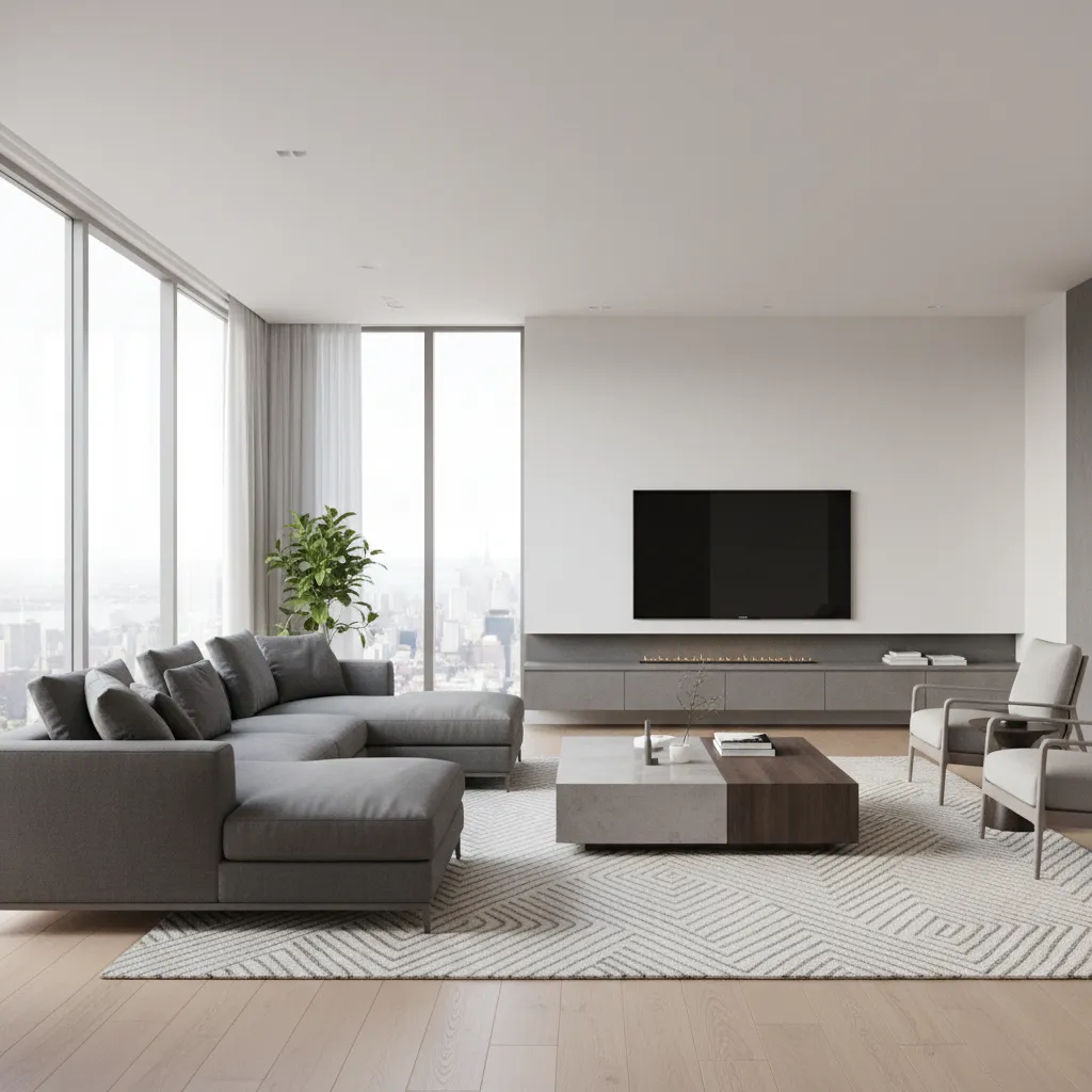 Modern living room with grey sofa large windows city view television and a coffee table