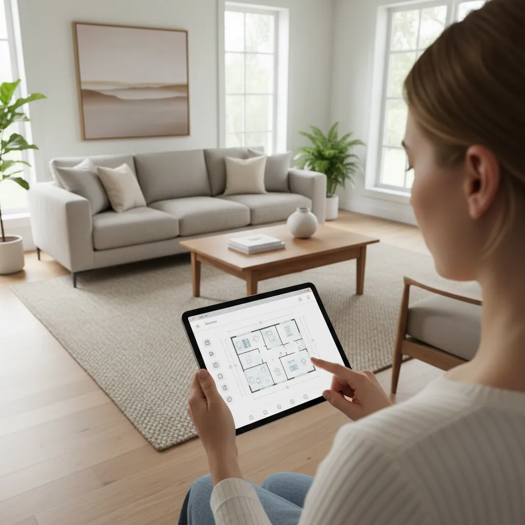 Person using a room layout planner on a tablet in a modern living room