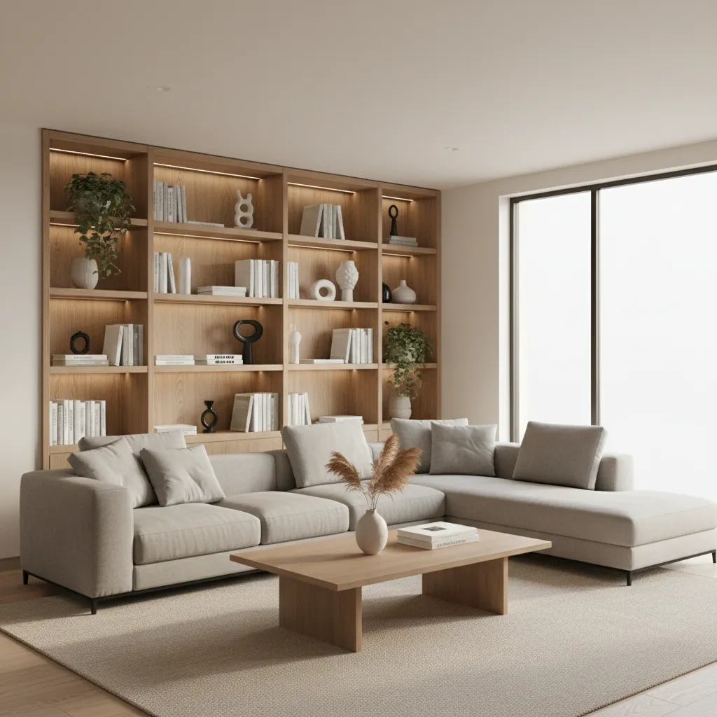 3D room layout with sofa, coffee table and shelving arranged in a digital planner